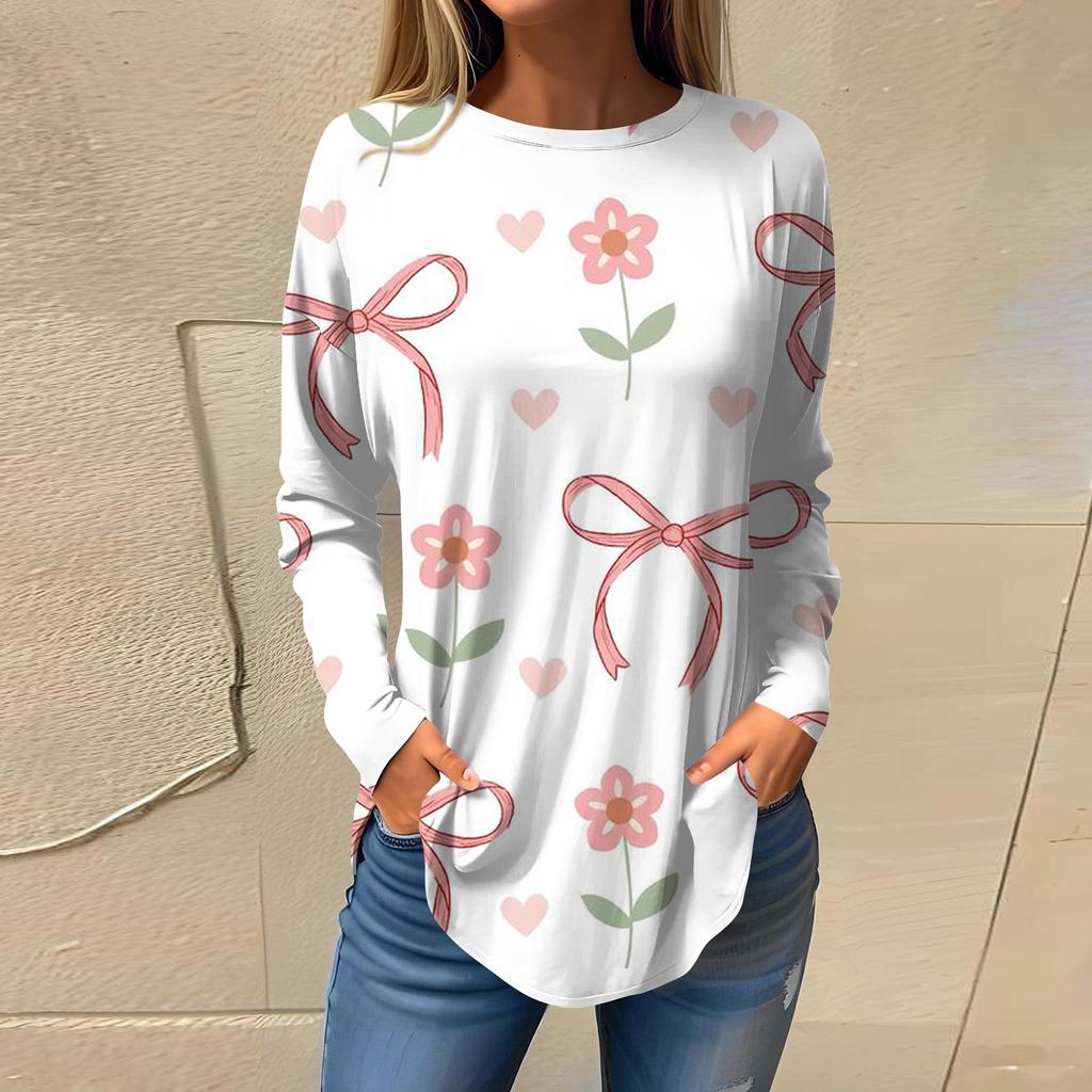 Women's Loose Casual Bow Printed Round Neck Long Sleeved T Shirt Top Pullover Long Sleeved Sweatshirt