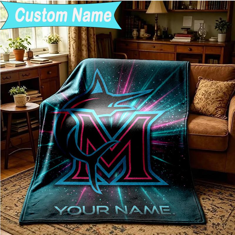 1PC Custom Name Blanket Marlins Baseball Logo Art Flannel blankets Patterns Throw Blanket All-Season Soft Gift for Couch, Bed, Camping, Birthday gifts