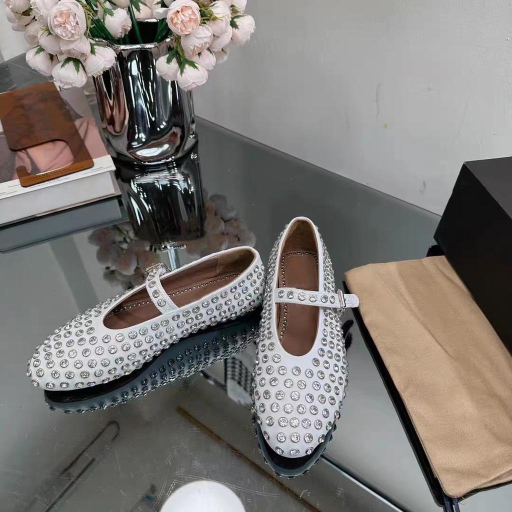 Premium Cowhide Version Rhinestone One-word Buckle Low-top Shallow Mouth Round Head Mary Jane Flat Single Shoes Ballet Women's Shoes