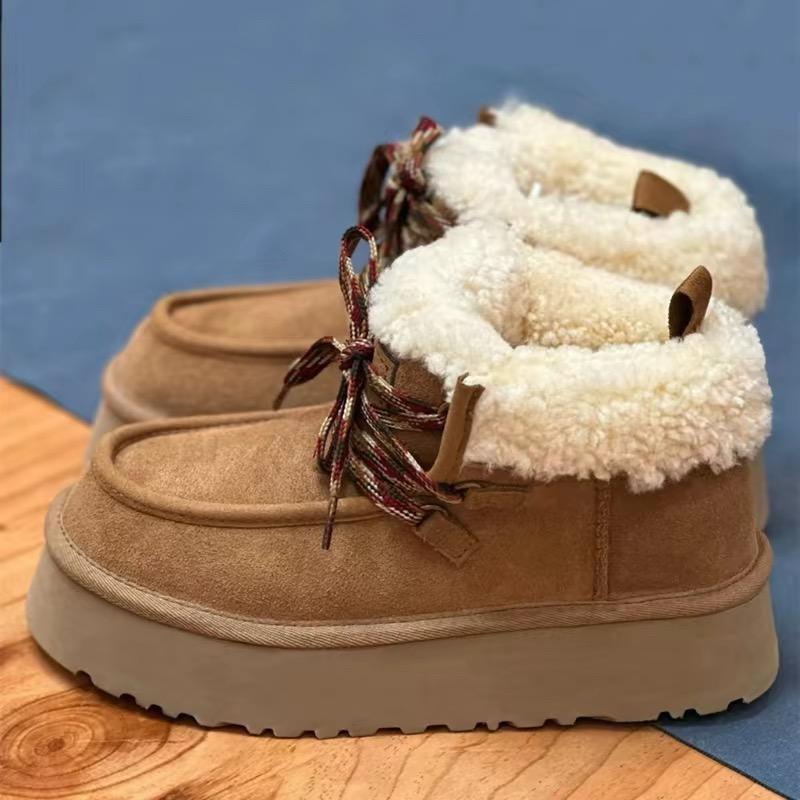 2026 New Design Real Sheepskin Leather Lace-up Platform Snow Boots Women Natural Wool Winter Boot Warm Shoe Classic Fur Slippers