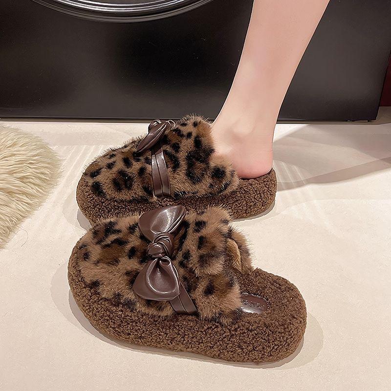 Скинни бант корейская версия полутапочки пушистые толстая подошва хлопковые тапочки увеличивают рост и сохраняют тепло чувство дизайна, одна педаль мешок для головы