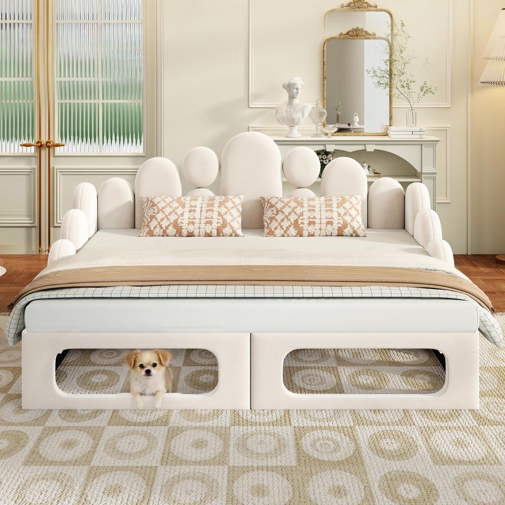 Upholstered Sofa Bed with Pet Bed, 2-in-1 Multifunctional Upholstered Bed 180*200cm, with Soft Velvet Fabric, Slatted Frame and Backrest, Beige.