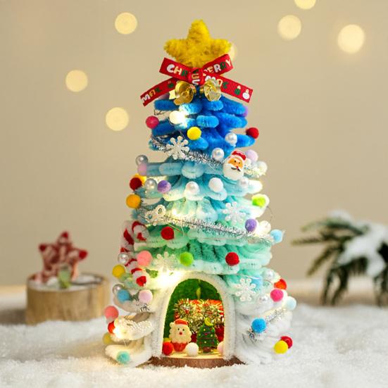 DIY Pipe Cleaners Christmas Tree Kit with String Light Twistable Plush Stick Xmas Tree Winter Bendable Fuzzy Stem Craft Kit for Holiday Home