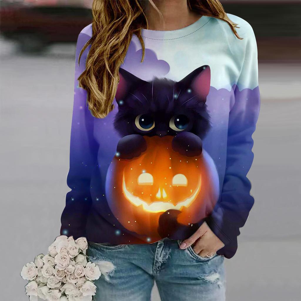 Fall Autumn Women'S Fashion O Neck Long Sleeve T-Shirt Loose Clothes Black Cat Print T Shirt