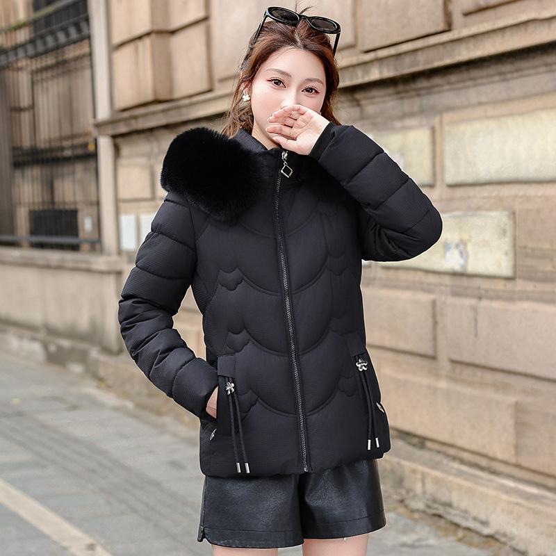 European and American Waist-hugging Cotton Jacket for Women, Short Winter Loose Thickened Large Fur Collar Coat