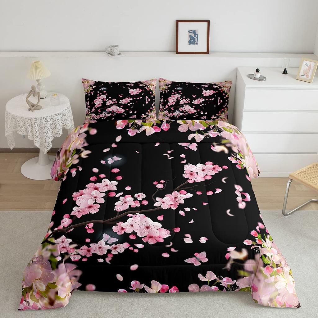 Cherry Blossoms Bedding Set Romantic Theme Pink Comforter Cover Set Duvet Cover Women Girls Couple Teen Soft Comforter,Full Size