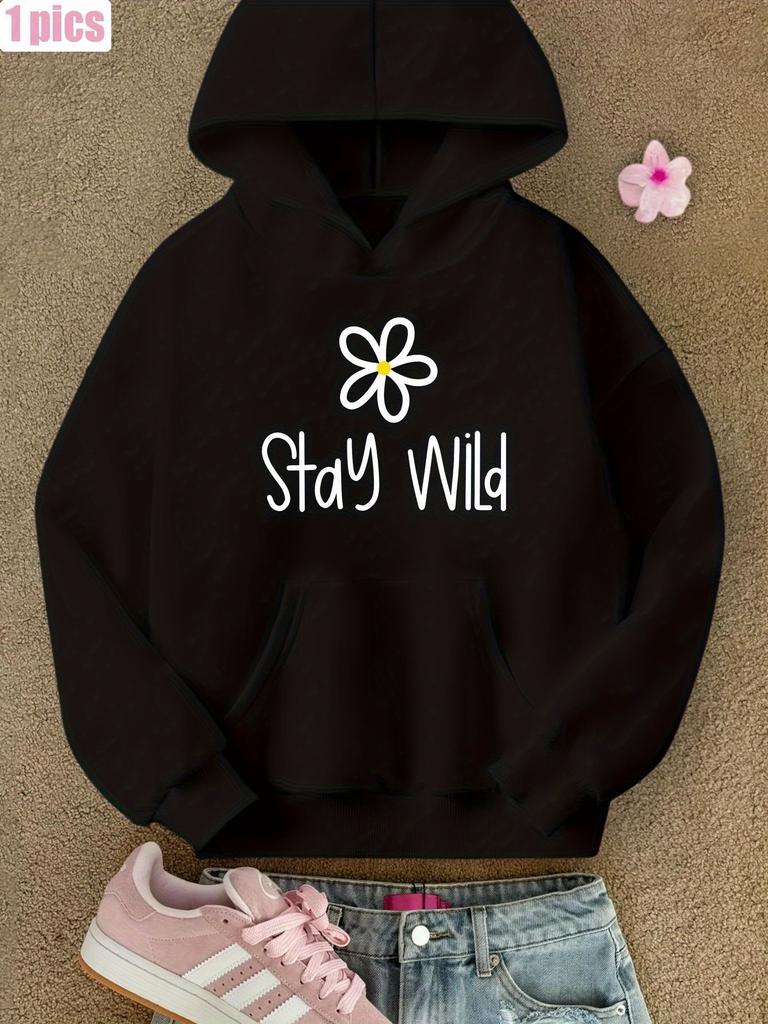 of Women's Black Hoodie, a Versatile Sweatshirt Suitable for All Seasons, with "Stay Wild" Floral Print- a Casual and Loose Long-