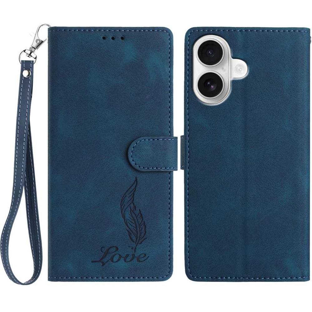For iPhone 16 Case Imprinted Feather PU Leather Wallet Phone Cover with Wrist Strap