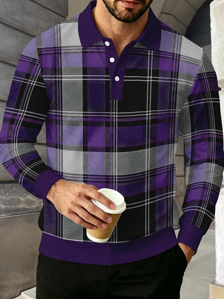 Stylish Geometric Pattern Long-Sleeve Polo Shirt, Casual Everyday Wear Top