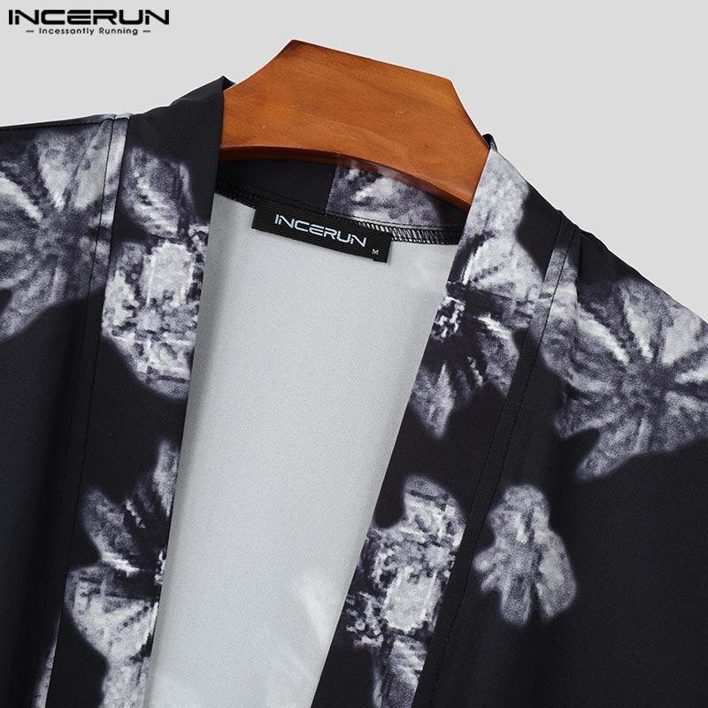 INCERUN Мужской кардиган с крыльями летучей мыши, длинный рукав, цветочный принт, свободное кимоно, открытый передний топ