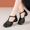 Plus Size 35-42 Comfortable Cutout Round Head Med Block Heels Sandals Summer 2025 Cowhide Leather Shoes Women Sandals Office Mom