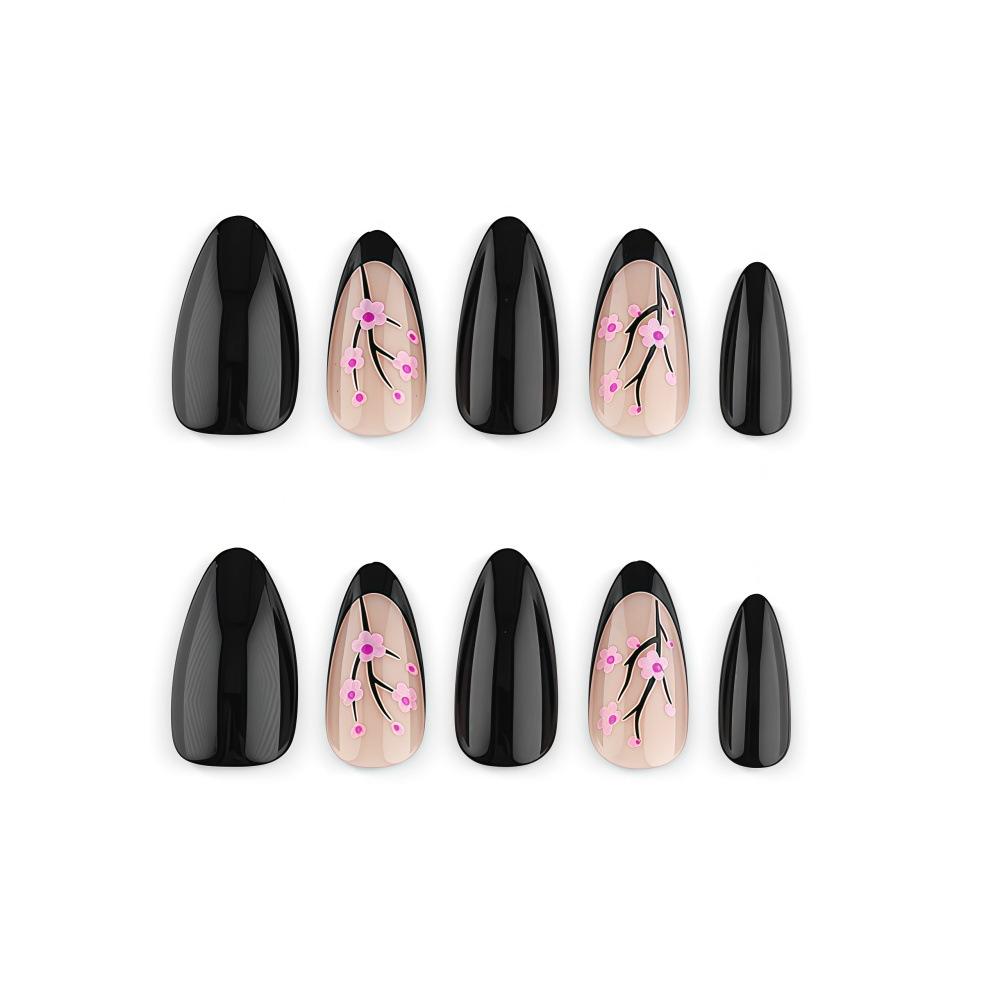 Simple Pure Black Glossy French Peach Blossom High-end Ins Style Wearable Manicure 24 Pieces Of Manicure Tablets