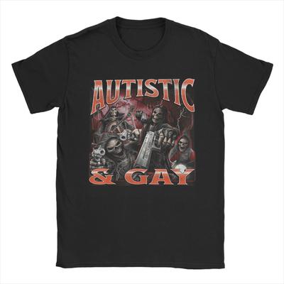 Oversized T Shirt Beach Autistic and Gay Funny Hard Skeleton Meme Novelty T Shirts Cotton Tshirt for Unisex Short Sleeve Top Tees