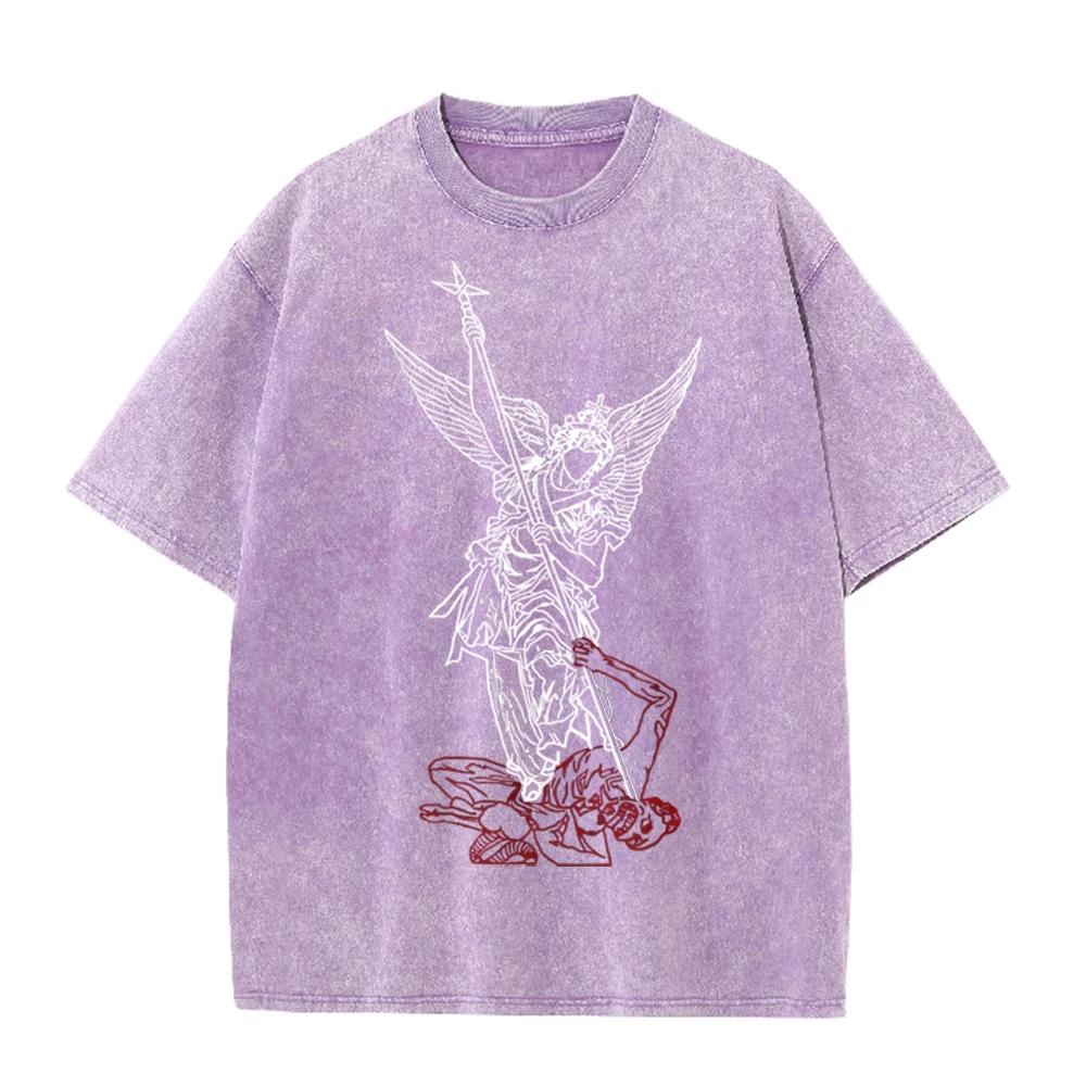 2026 Vintage Line Art Archangel Spear Demon Graphic Black Acid Washed T Shirt Retro Religious Angel Streetwear Casual Oversized