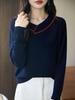 Свитер с цветовыми блоками свободного кроя с шерстяным воротником - Женский вязаный пуловер с длинным рукавом