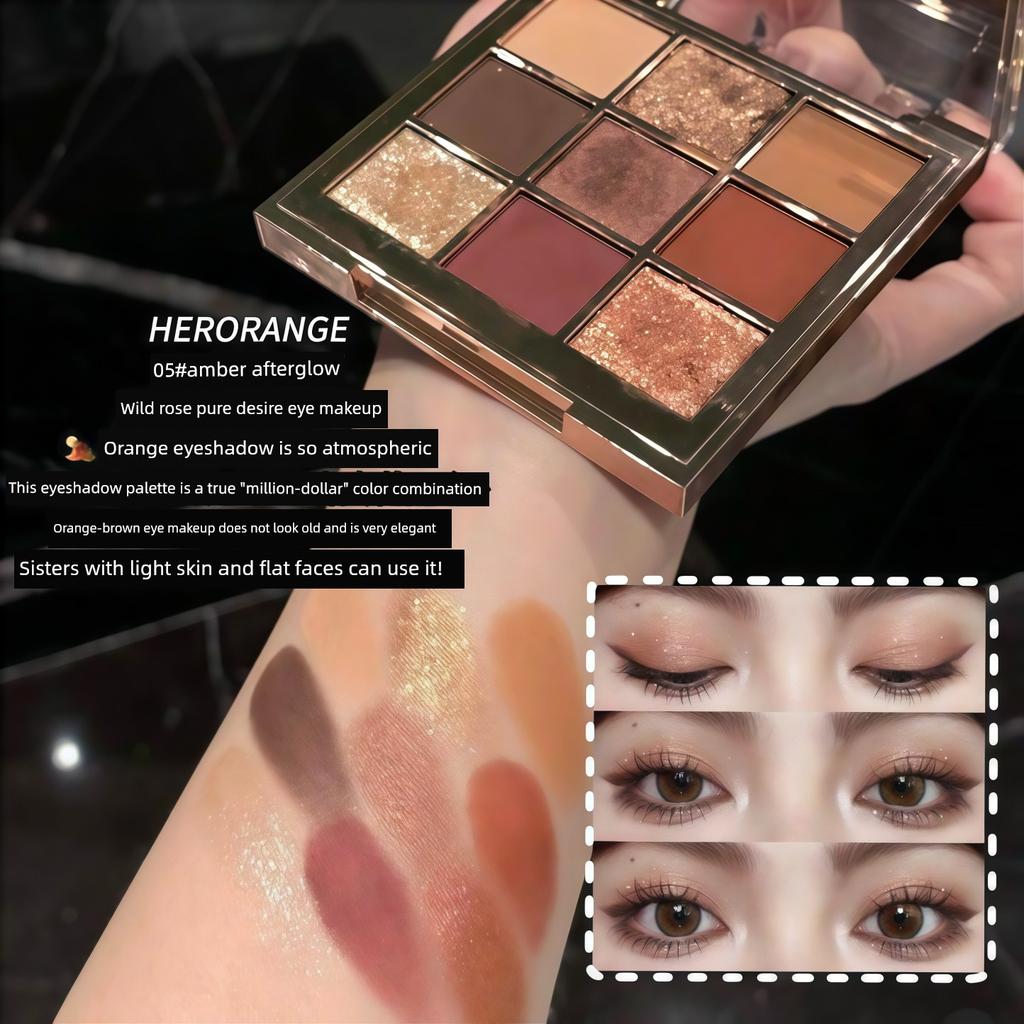 Chasing Flowers in Spring~Herorange Nine-Color Eyeshadow Palette, Smoky Pink Series, Women's Daily Light Makeup Blush and Under-Eye Shadow Palette