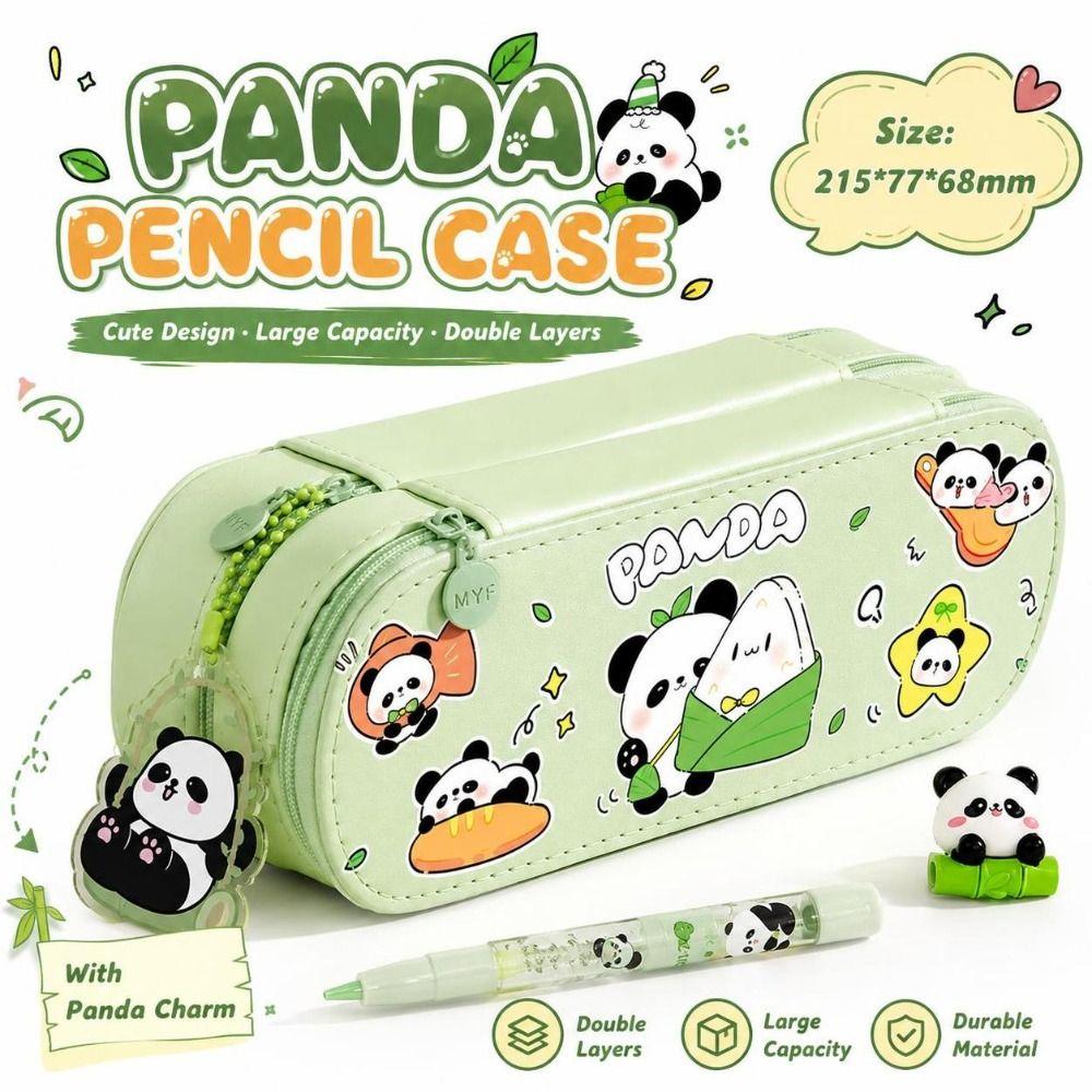 2-Tier Pencil Bag PU Pencil Box Cartoon Panda Pencil Case Student Stationery