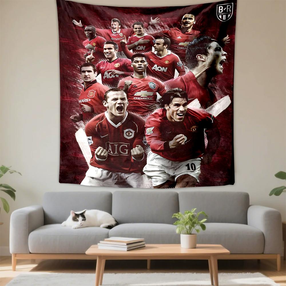 Tapestry Manchester United Legends Red Retro Rooney Cantona Ronaldo Collage Wall Art for Red Devils Fan Cave Decor