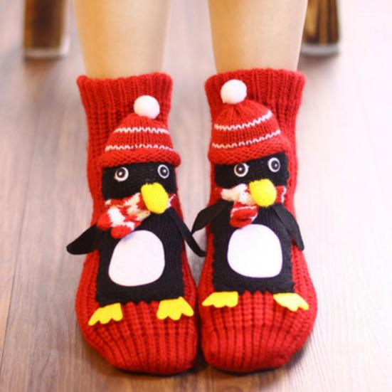 1 Pair Winter Socks 3D Cartoon Animal Socks Knitted Anti-slip Mid-tube Thickened Elastic Keep Warm Floor Socks with Silicone Dot Soles