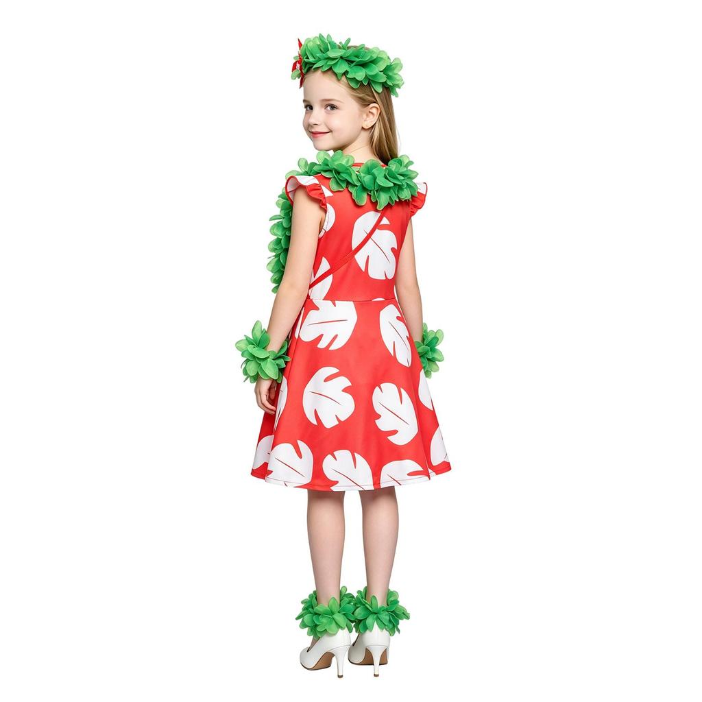 Kids Lilo & Stitch Lilo Cosplay Costume, Red Hawaiian Dress with Green Leaf Accessories for Halloween & Parties