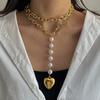 Heart Shape Multi-Layered Gold Silver Pearl Beaded Clavicle Necklace European American Style Women's Accessories