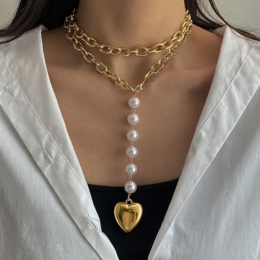 Heart Shape Multi-Layered Gold Silver Pearl Beaded Clavicle Necklace European American Style Women's Accessories