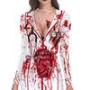 Halloween Women Dress Bloodstain Skeleton Spider Print V Neck Nurse Cosplay Long Sleeves Haunted House NPC Performance Costume