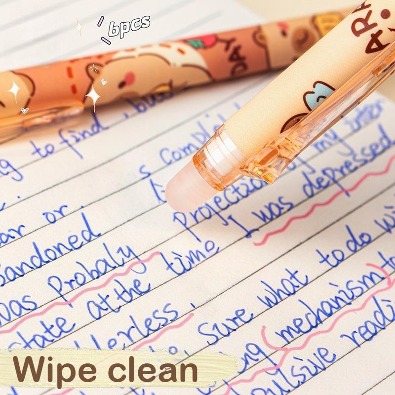6 шт. Стираемые гелевые ручки - 0,5 мм Выдвижные ручки с боковым нажатием, Плавное письмо без смазывания, Милый дизайн с животными, Школьные и офисные принадлежности