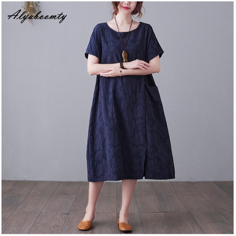 Плюс Размер Лето Женское Однотонное Платье А-силуэта Короткое Платье С О-образным Вырезом Красное Темно-синее Черное Зеленое Платье С Разрезом Жаккардовое Хлопковое Свободное Платье С Карманом