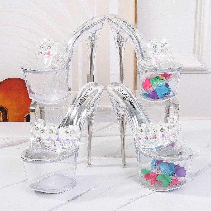 Непромокаемые прогулочные туфли на очень высоком каблуке на тонком каблуке, танцевальная обувь на стальной трубе, прозрачная серия 10366, размер 20 см