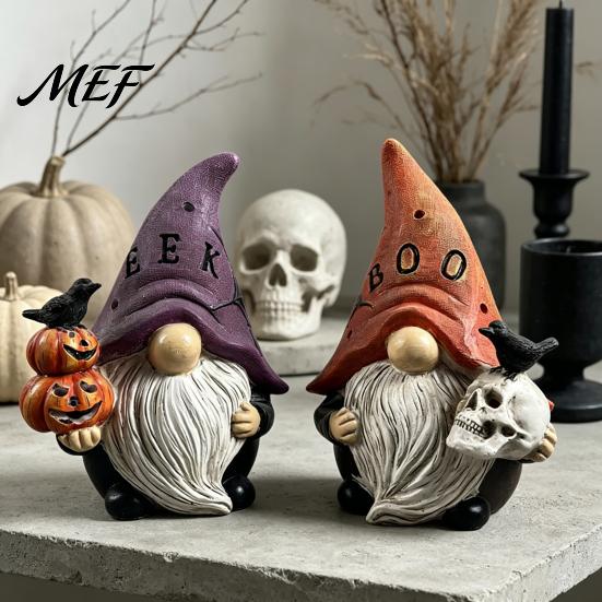 Purple And Orange Home Decor Halloween Gnome Statue, EEK BOO Resin Elf Dwarf Figurine with Pumpkin Hand Painted Holiday Statues Crow Skull,