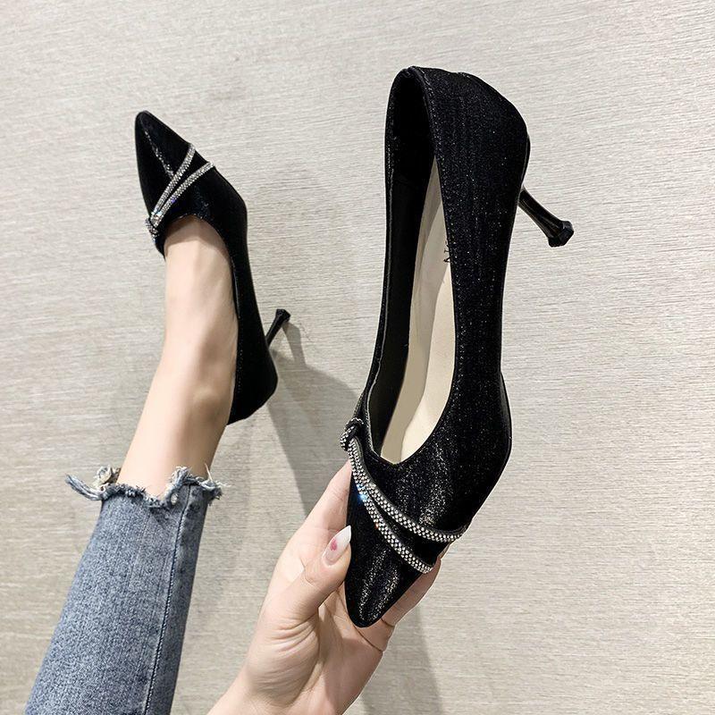 Сексуальные туфли-лодочки на тонком каблуке со стразами, в стиле французской интернет-знаменитости, женские туфли с острым носком и средним каблуком, туфли на высоком каблуке женские 2025 весна и осень новые