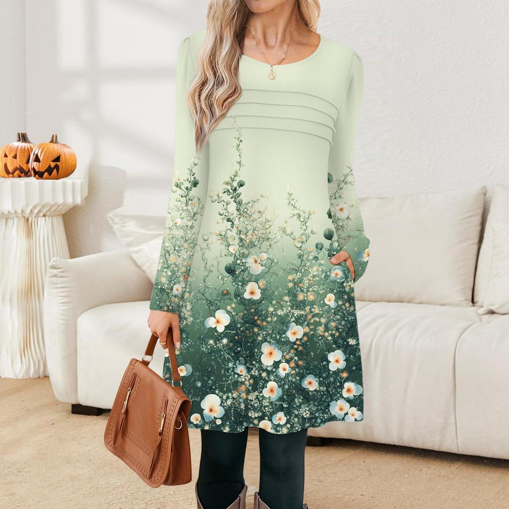 Женские повседневные модные платья с длинным рукавом, с графическим принтом, винтажные, с карманами