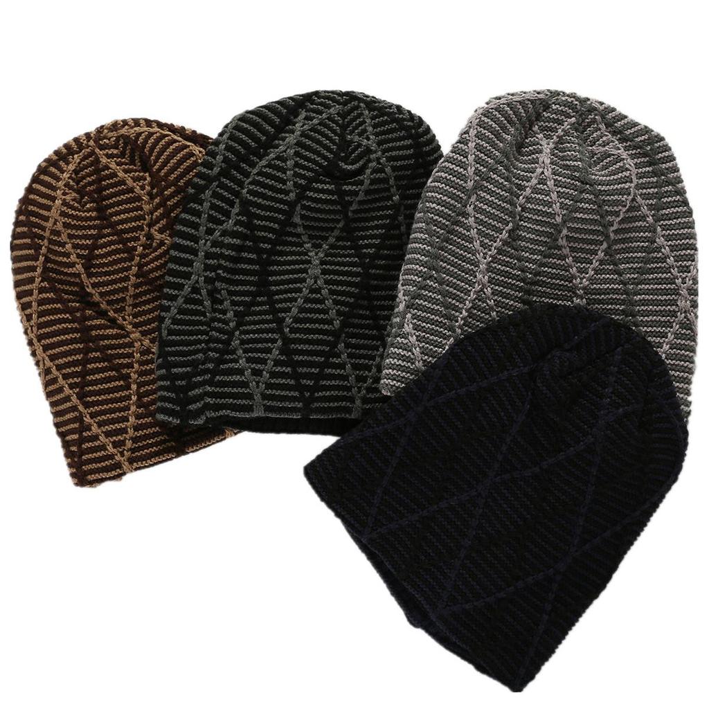 Women's Autumn Winter Pullover Mixed Color Mesh Diamond Plush Knitted Wool Hat Ear Protection Pile Cap