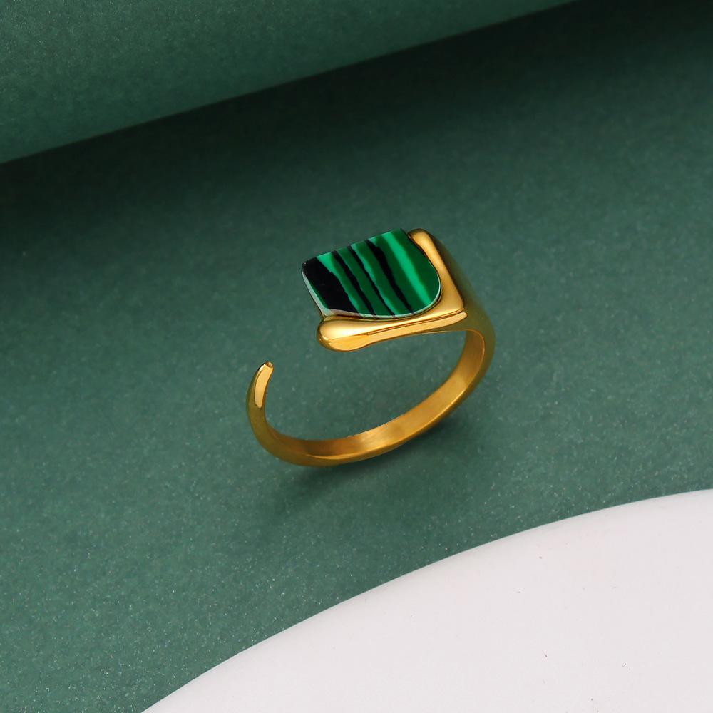 Винтажное кольцо с малахитом, регулируемое для женщин – Позолоченное 18-каратным золотом, открытое кольцо из нержавеющей стали, модная бижутерия**