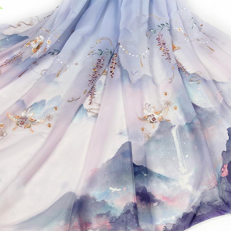 1/3/5M Древний Стиль Градиент Ткань Ханфу Кролик Глициния Напечатанный Шифон Вышитая Ткань Для Самостоятельного Шитья Костюм Платье Ханфу