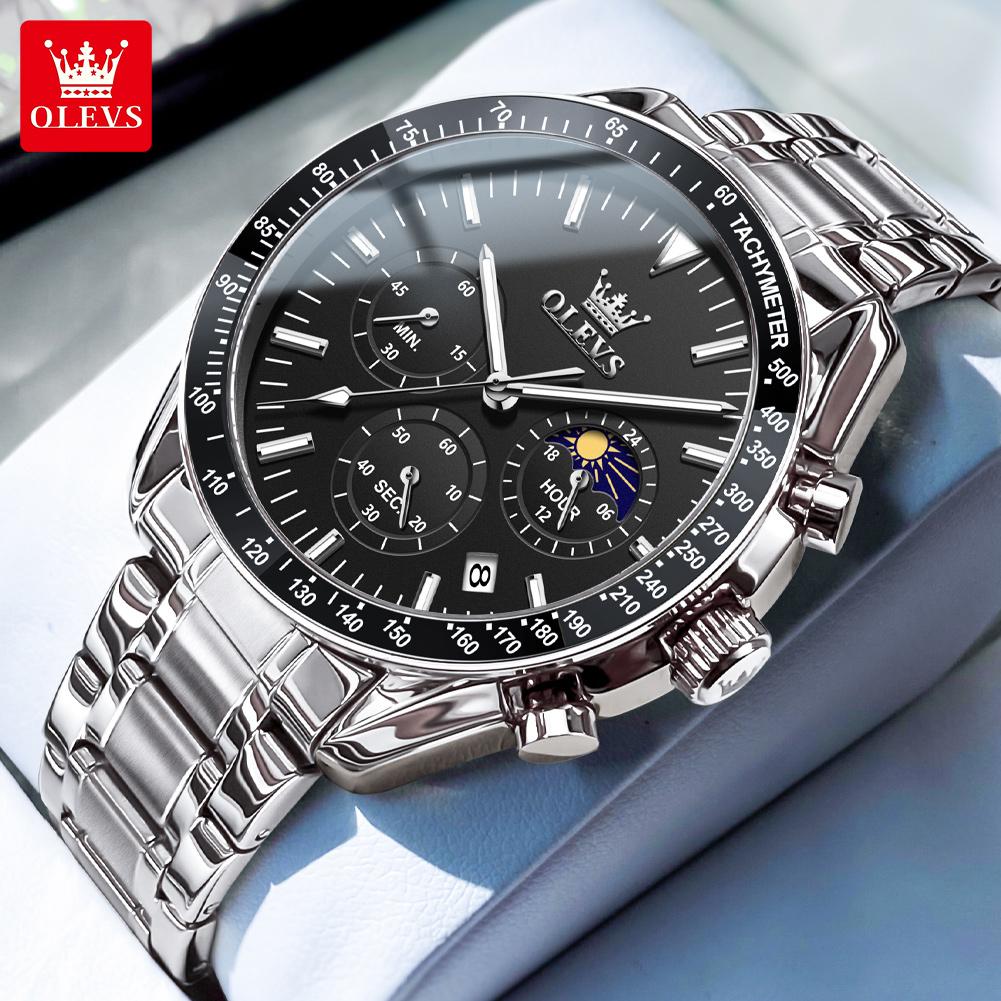 Модные синие кварцевые часы для мужчин из нержавеющей стали, водонепроницаемые, светящиеся, дата, фазы Луны, хронограф, часы для мужчин