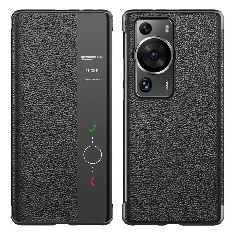 Phone Case for Huawei P60 Pro, Huawei P60/Pro Protective Cover, Genuine Leather Flip Smart View Window Case, Full Protection Anti-Drop Simple, Blue