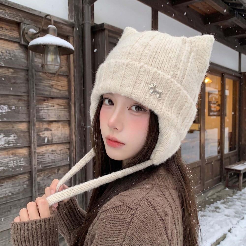 Soft Texture Winter Knit Beanie Loose Fit Slouchy Cap Earflap Beanie Cat Ears Hat Fashion Lady