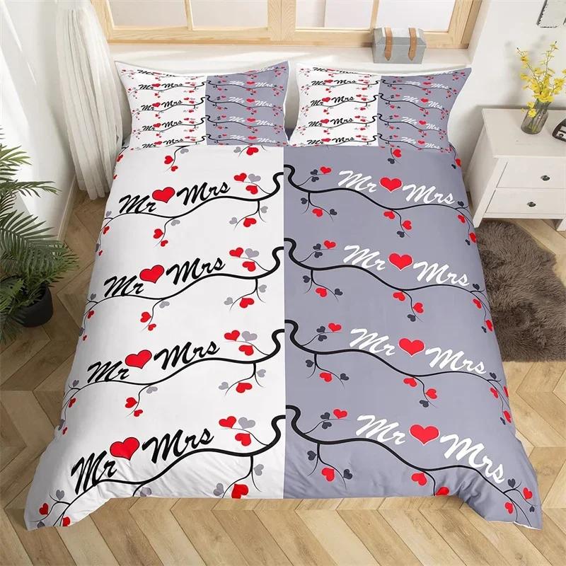 Комплект постельного белья Mr Mrs из микрофибры с романтическим свадебным мотивом, пододеяльник King на День святого Валентина, забавные цитаты, сердечки, пододеяльник