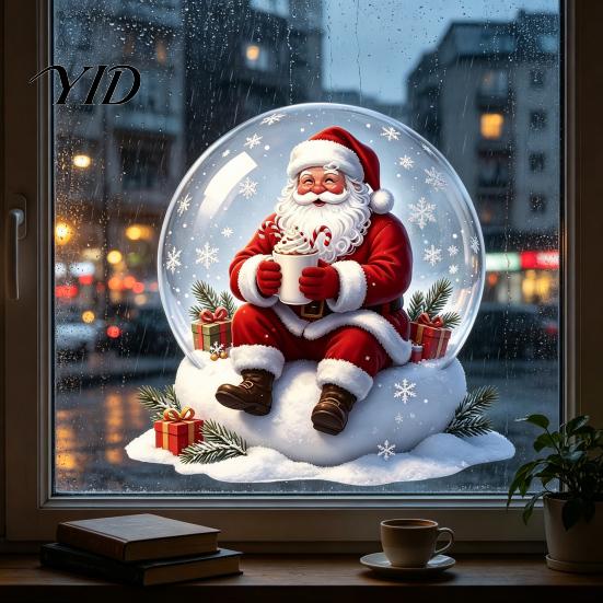 Reusable Glass Decals Christmas Window Clings Decoration, Cartoon Santa Claus Sticker with Crystal Ball, Decorative Holiday Hot Cocoa, Static