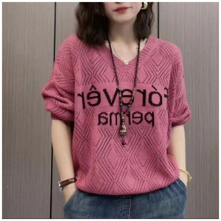 New Autumn Letter V-neck Long Sleeve Hollow Out Knit Sweater Loose Thin Top for Women