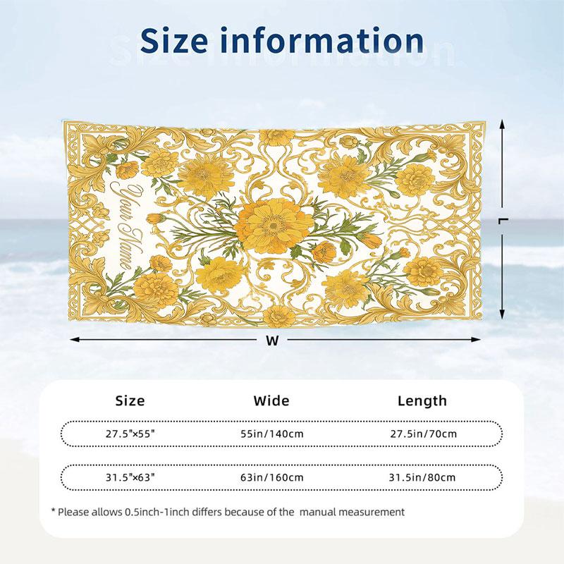 Golden Floral Elegance 2 Theme Quick Dry Beach Towel Custom Name Text Print Large Sand Resistant Towel Beach Vacation