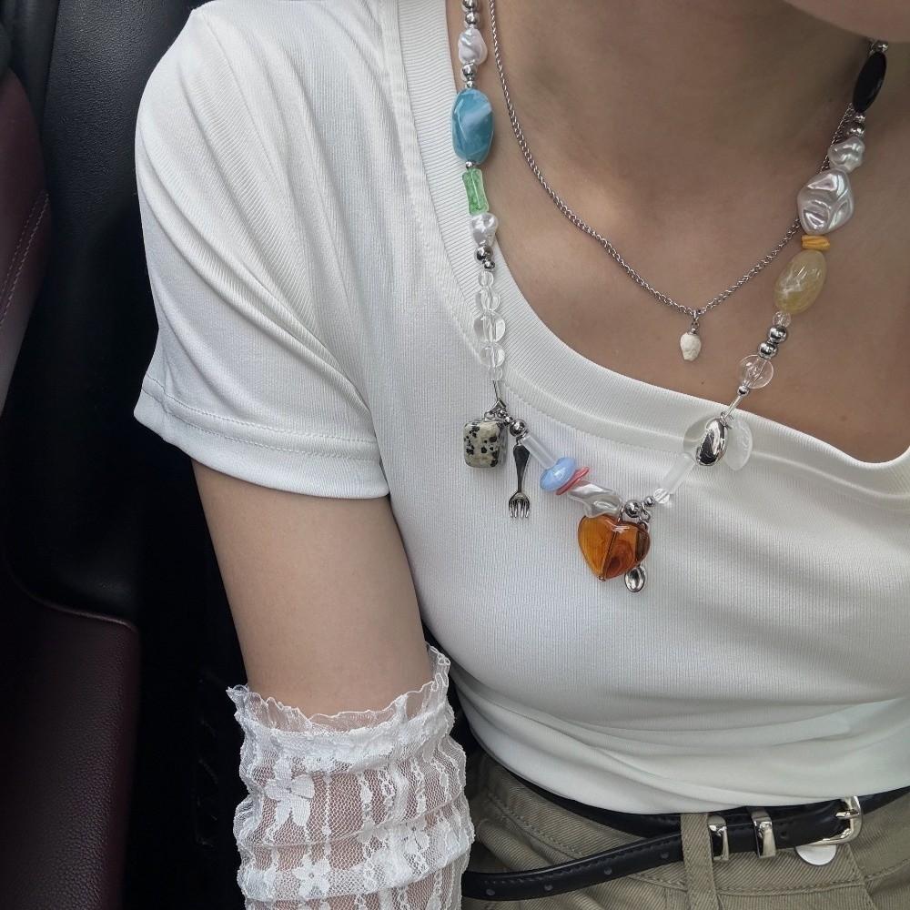 2pcs Double-layer Heart-shaped Pendant Necklace Fork Clavicle Chain Irregular Stone Necklace  Dating