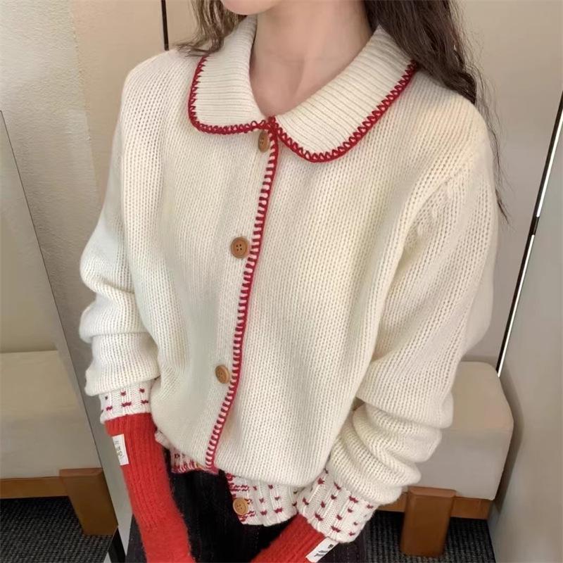 Женский кардиган в корейском милом стиле с цветными блоками - отложной воротник, приталенный, однобортный вязаный свитер на весну/осень