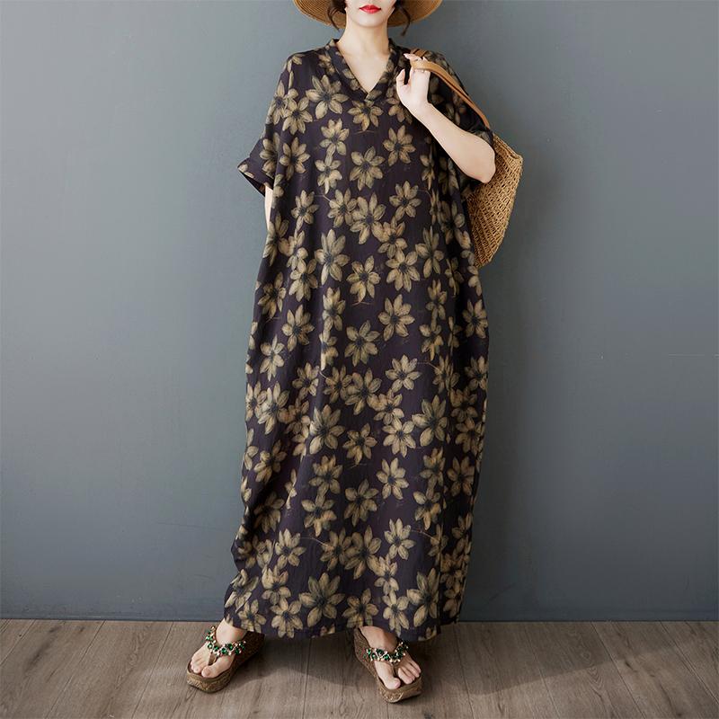 DIMANAF 2025 Летнее Женское Платье Большого Размера Свободного Кроя Новое Базовое Цветочное Винтажное Принтованное Длинное Платье Повседневное Платье Макси