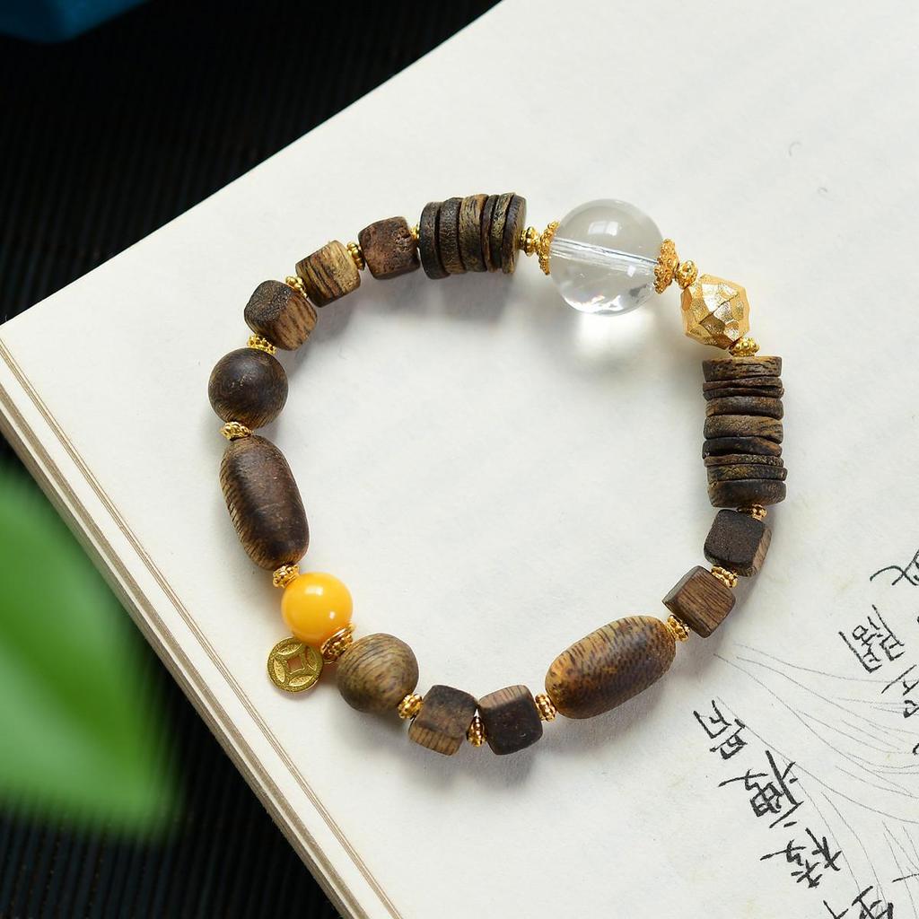 Yingge Qi Nan Agarwood Bracelet with Amber and 925 Silver Spacer (No Artificial Oil Injection)