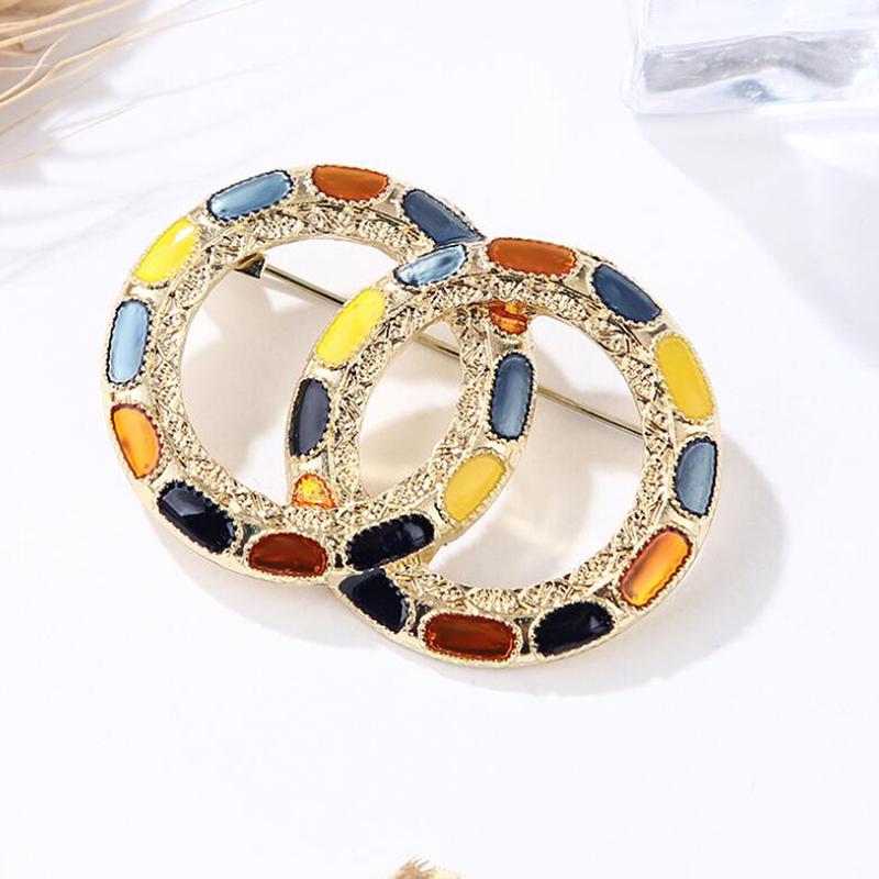 Pearl Colorful Enamel Double Circle Brooch Coat Scarf Pin Luxury Jewelry