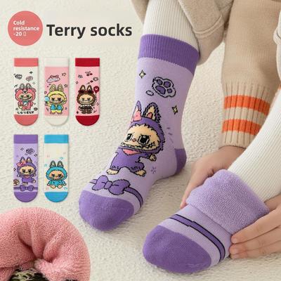 5 ПАР Носки детские Labubu Зимние Утепленные Махровые Носки Средней Длины для Девочек Модные Мультяшные Теплые Зимние Толстые Носки