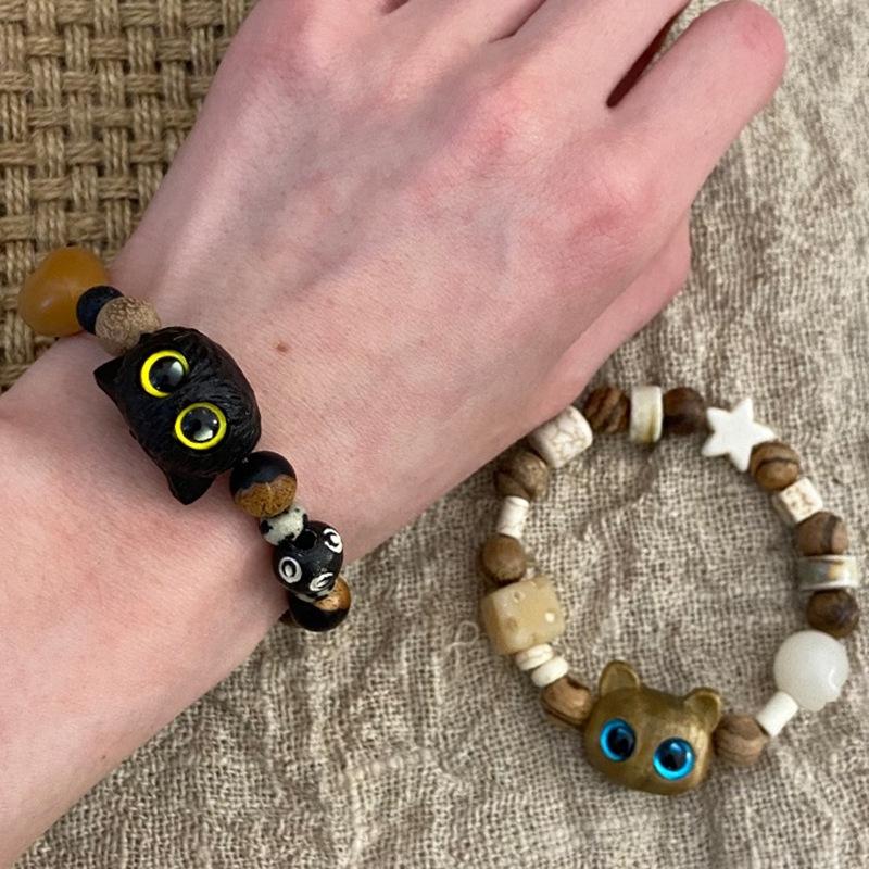 Милый браслет с черным котом для женщин и мужчин, браслет из бисера с мультяшными животными